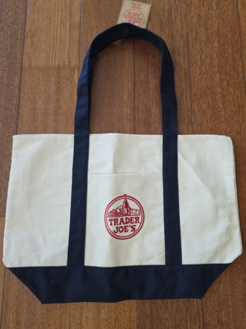 Trader Joe's canvas reusable tote bag Classic navy blue and cream color